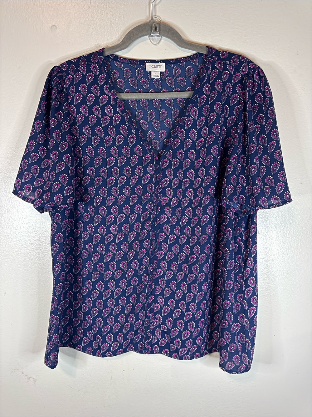 J. Crew Women's Navy Paisley Short Sleeve Blouse Sz L